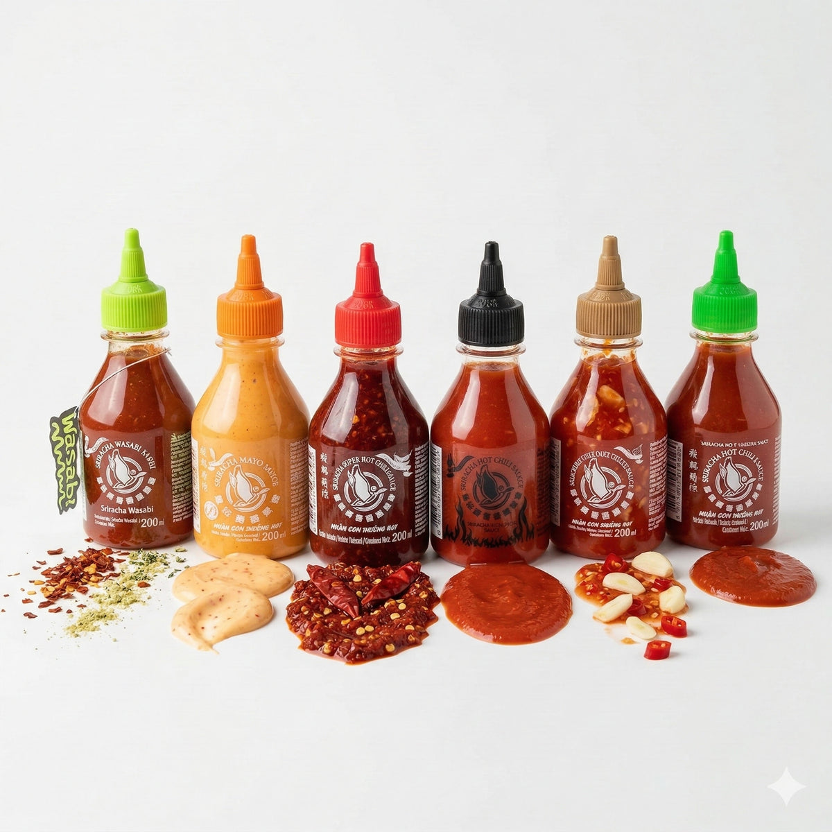 Flying Goose Sauce in verschiedenen Geschmacksrichtungen, ab 200ml, in Flasche mit buntem Etikett.