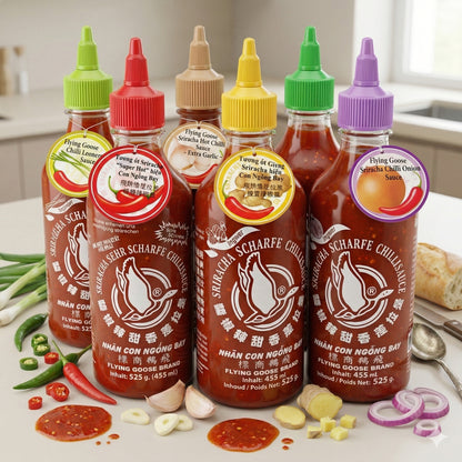 Flasche Flying Goose Sauce mit verschiedenen Geschmacksrichtungen, 455 ml, auf weißem Hintergrund.