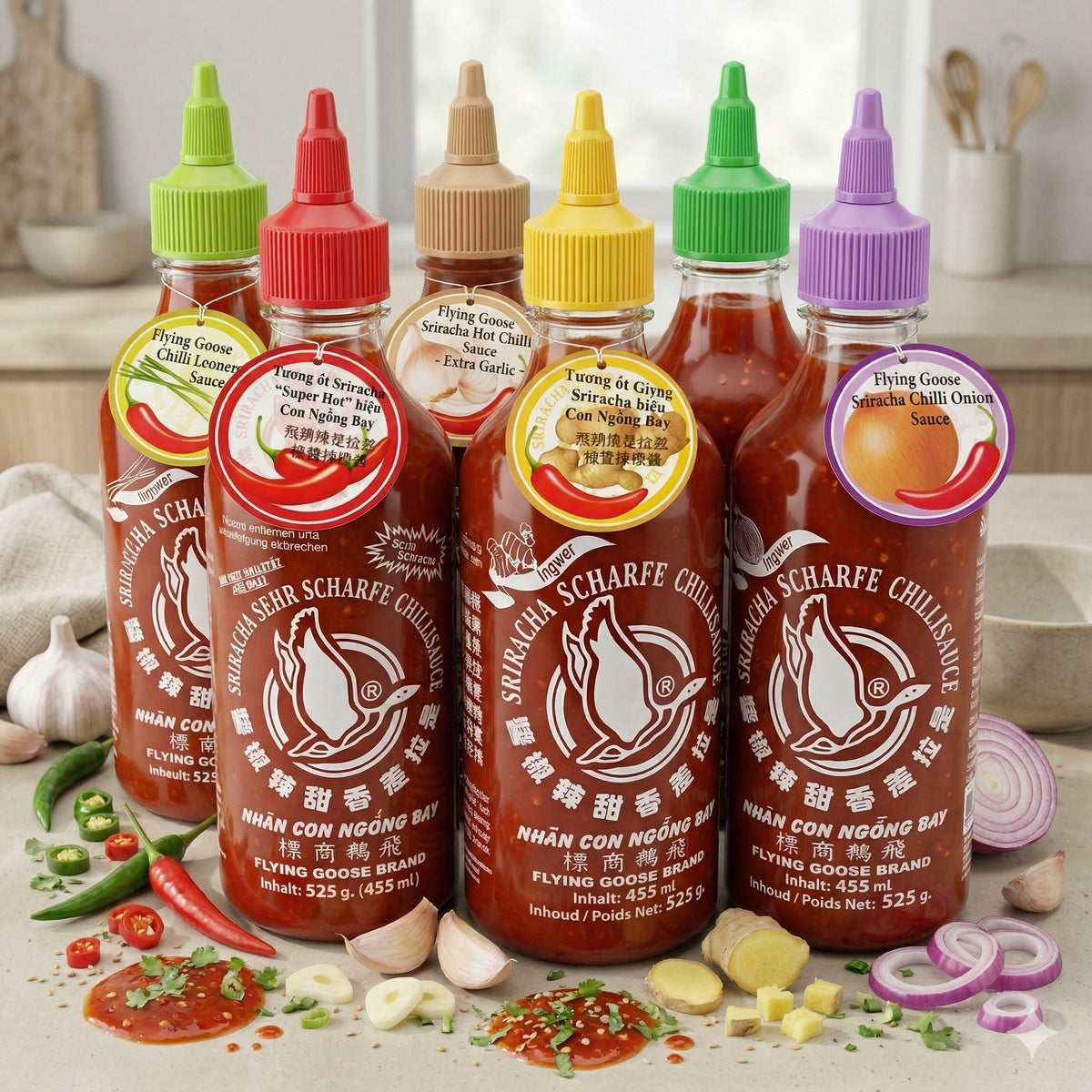 Verschiedene Flying Goose Flying Goose Sauce Flaschen mit 455 ml Inhalt, vielfältige Geschmacksrichtungen, asiatische Sauce in Flaschen