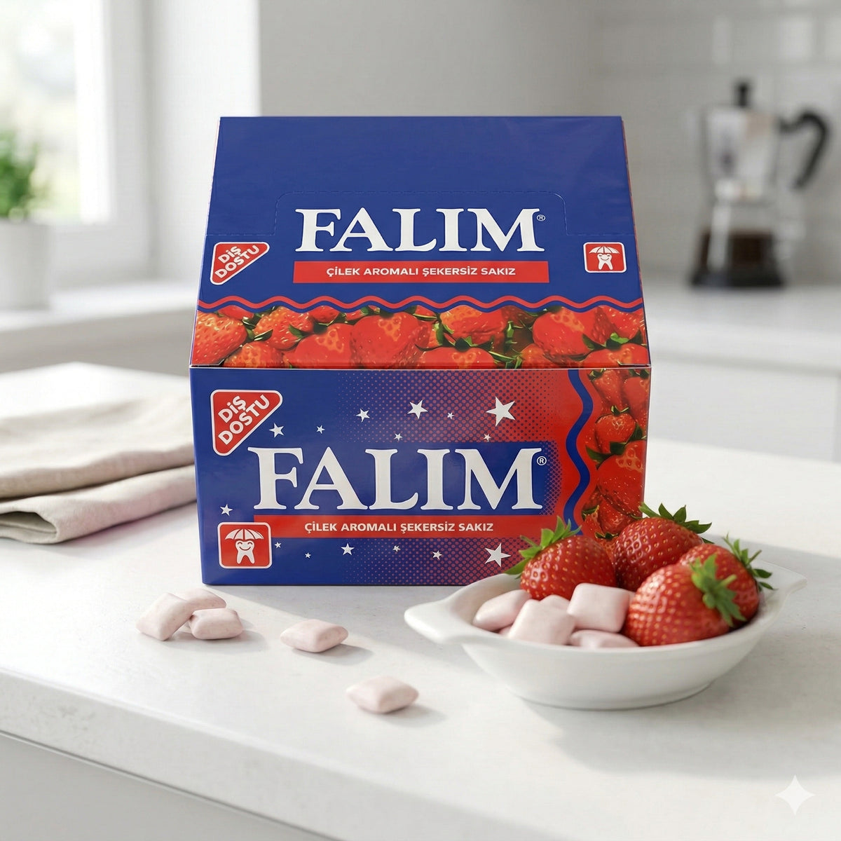 Falim Erdbeeraroma Kaugummi, 100 Stück, frischer Snacks-Kaugummi mit fruchtigem Geschmack, in attraktiver Verpackung.