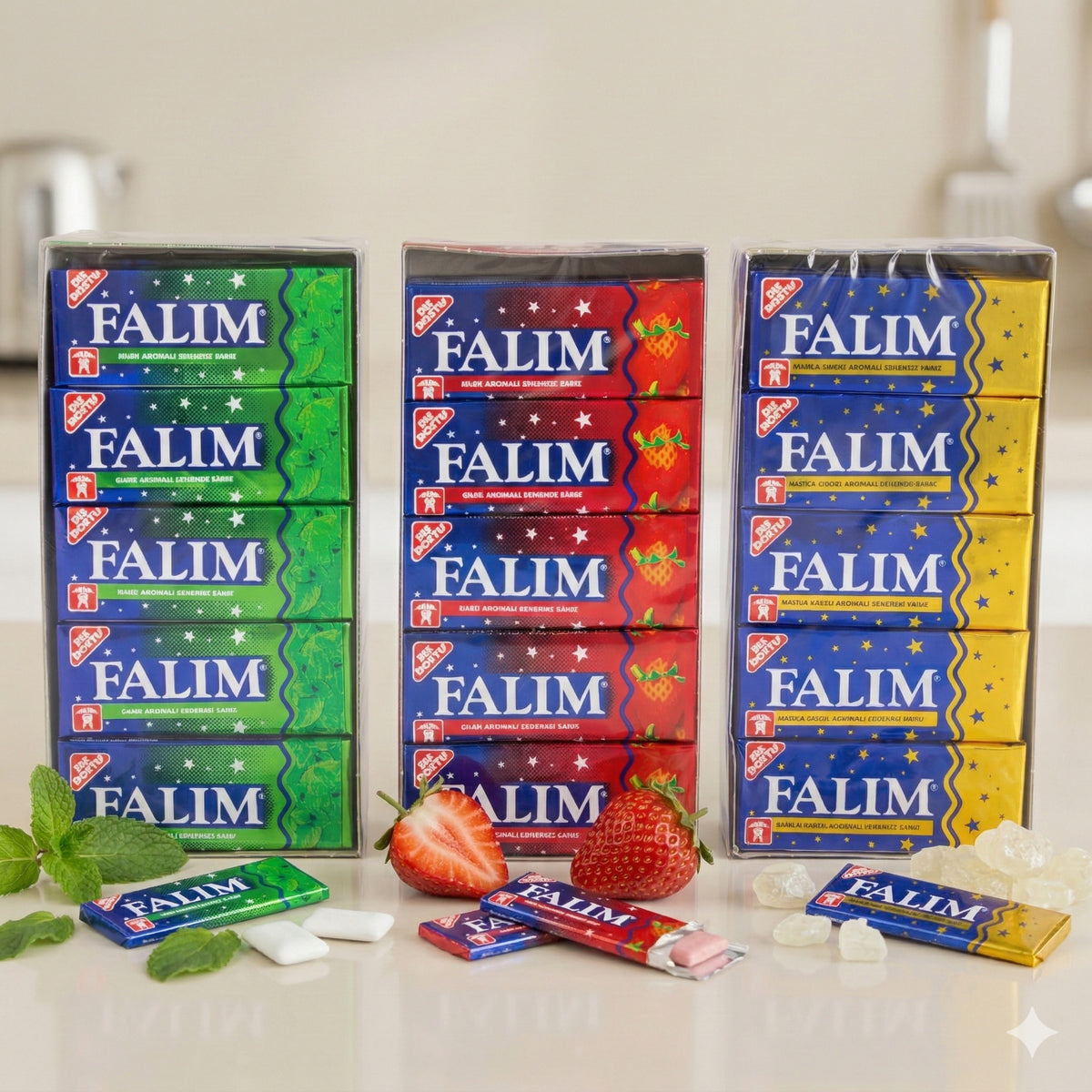 Falim Damla Sakiz Kaugummi mit Minzaroma und Erdbeer-Sakiz, zuckerfreie Snacks in einer offenen Verpackung.