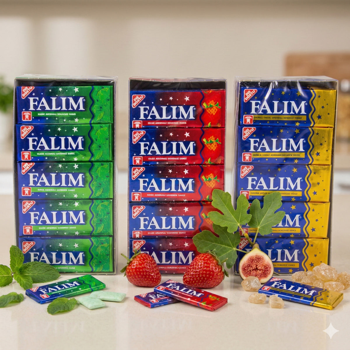Falim Damla Sakiz Kaugummi mit Minzaroma und Erdbeergeschmack, zuckerfreie Snacks in attraktiver Verpackung