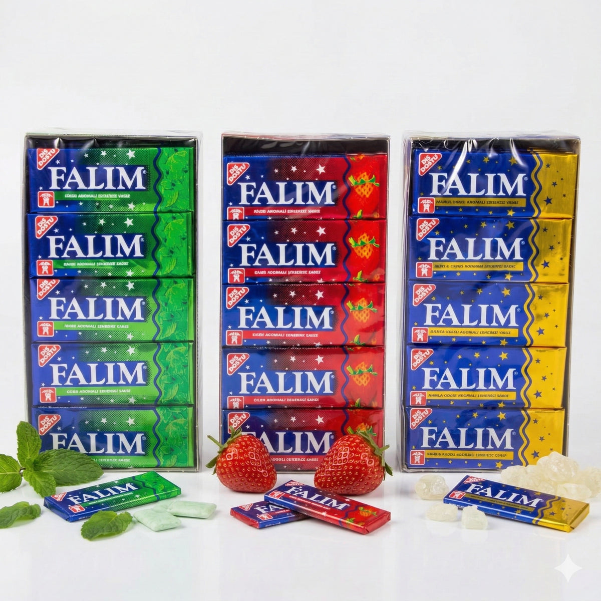 Falim Damla Sakiz Kaugummi mit Minzaroma und Erdbeer-Sakiz, zuckerfrei, in einer bunten Verpackung, Snacks für frischen Geschmack