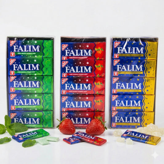 Falim Damla Sakiz Kaugummi mit Minzaroma und Erdbeer-Sakiz, zuckerfrei, in einer bunten Verpackung, Snacks für frischen Geschmack