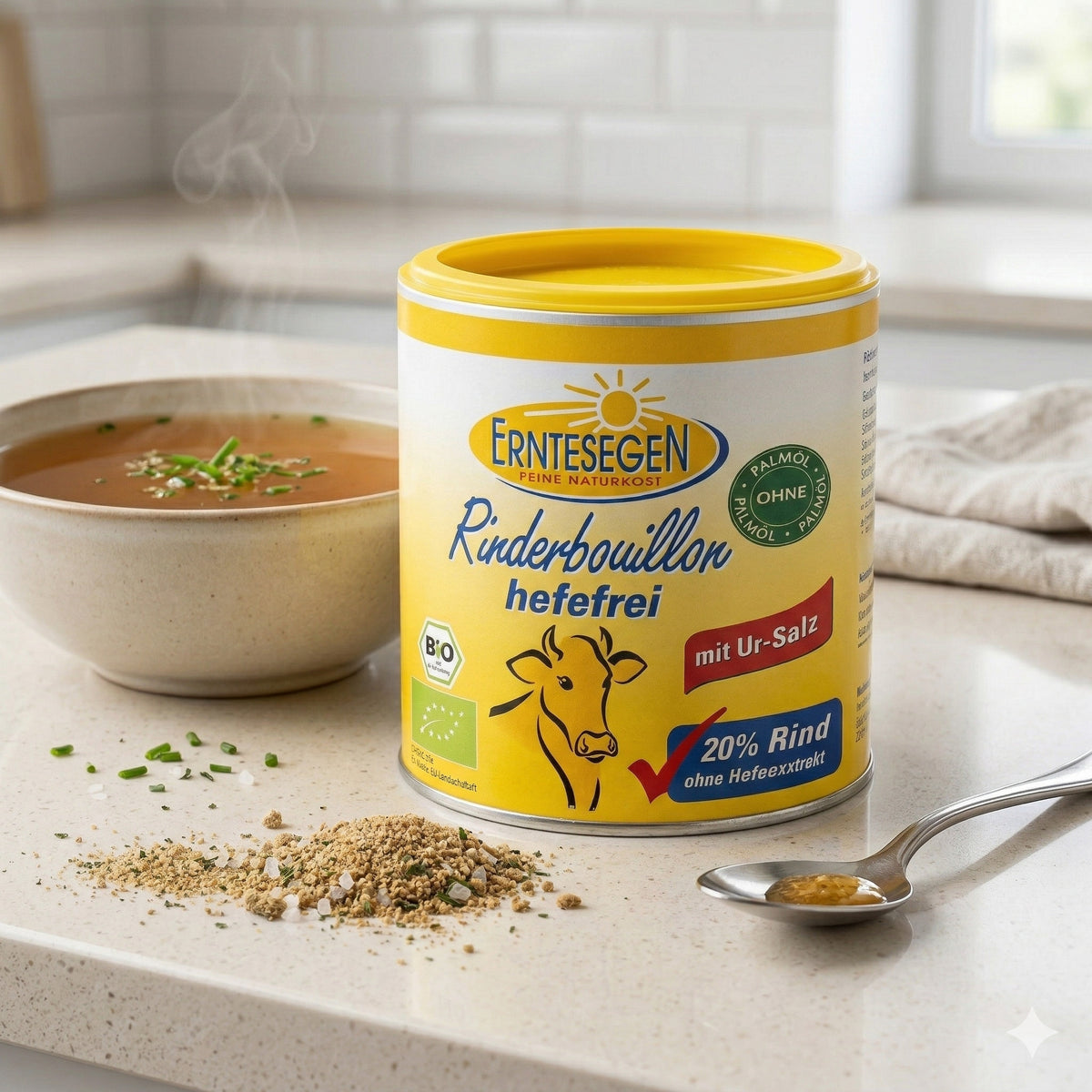 Erntesegen Bio Rinderbouillon, hefefrei, in einer weißen Packung, ideal zum Kochen, sichtbar auf einem Küchenhintergrund
