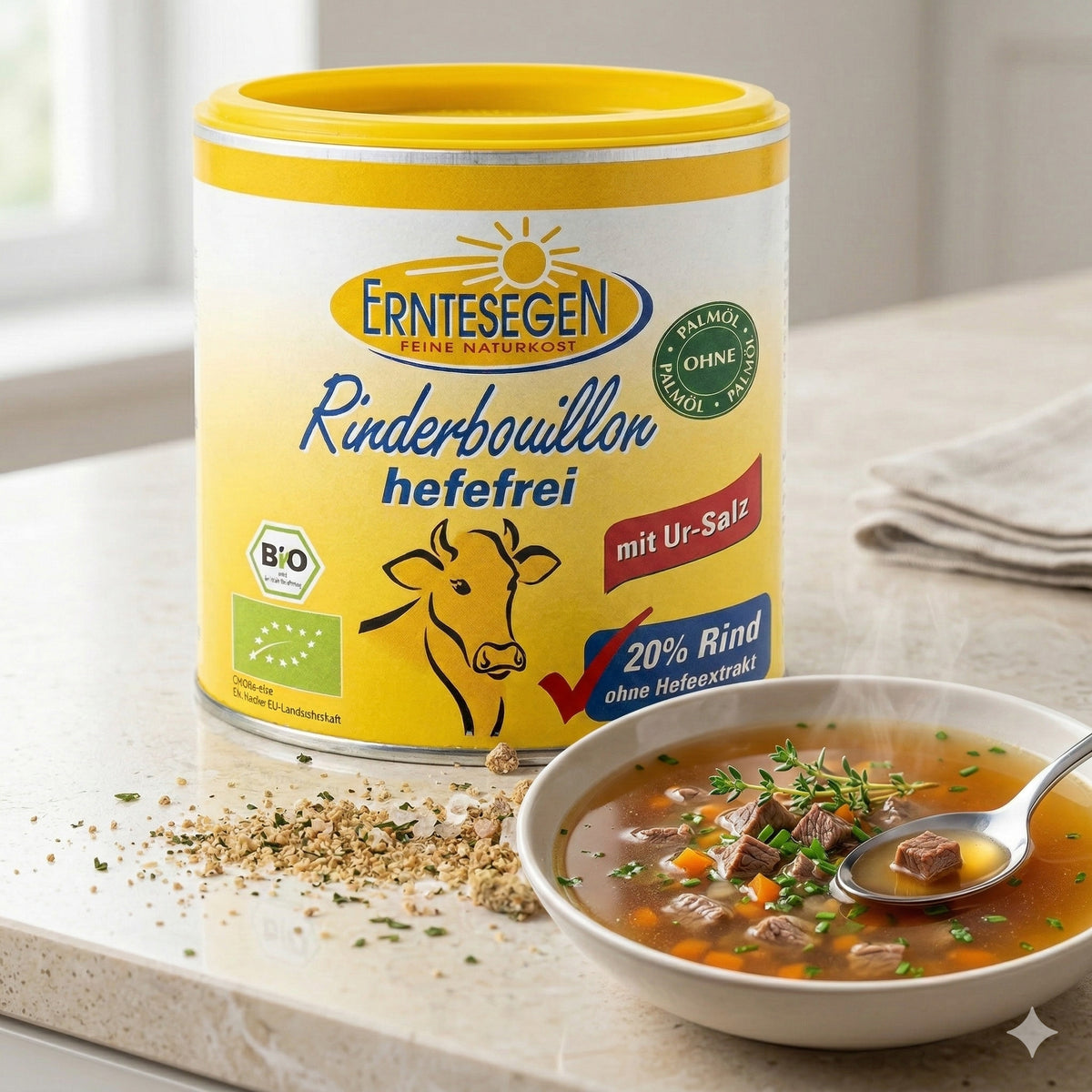 Bio Rinderbouillon von Erntesegen, hefefrei, in einer Verpackung, ideal zum Kochen, mit natürlichen Zutaten, ab 120g.