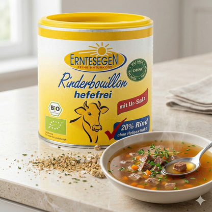 Bio Rinderbouillon von Erntesegen, hefefrei, in einer Verpackung, ideal zum Kochen, mit natürlichen Zutaten, ab 120g.