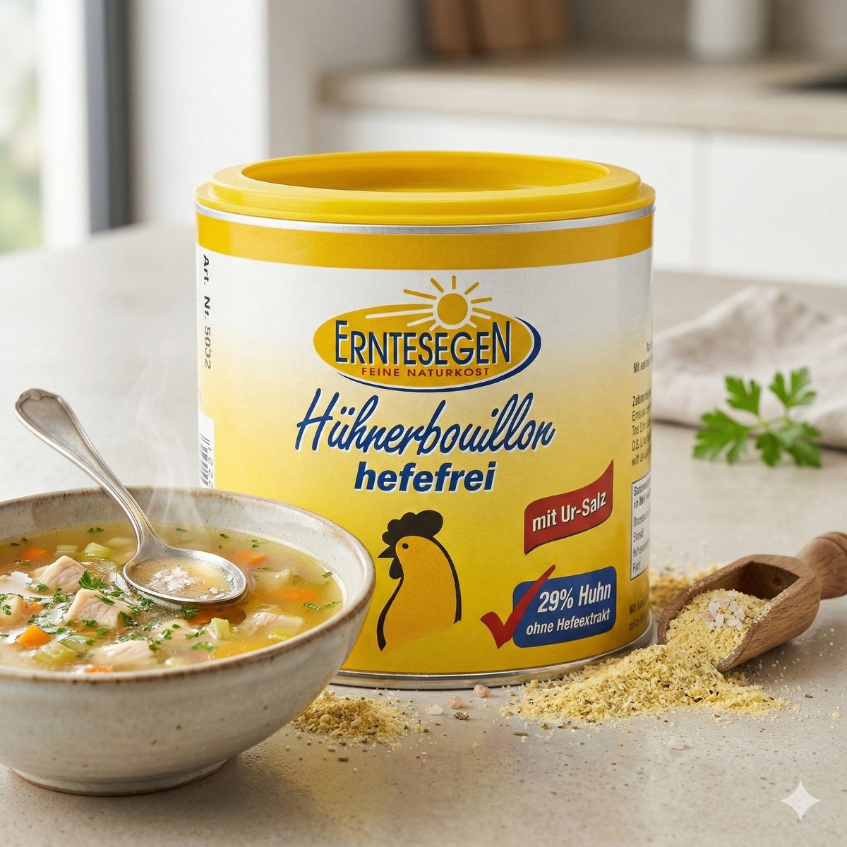 Erntesegen Bio Hühnerbouillon für Kochen, hefefrei, in 120g Packung, ideal für aromatische Gerichte.