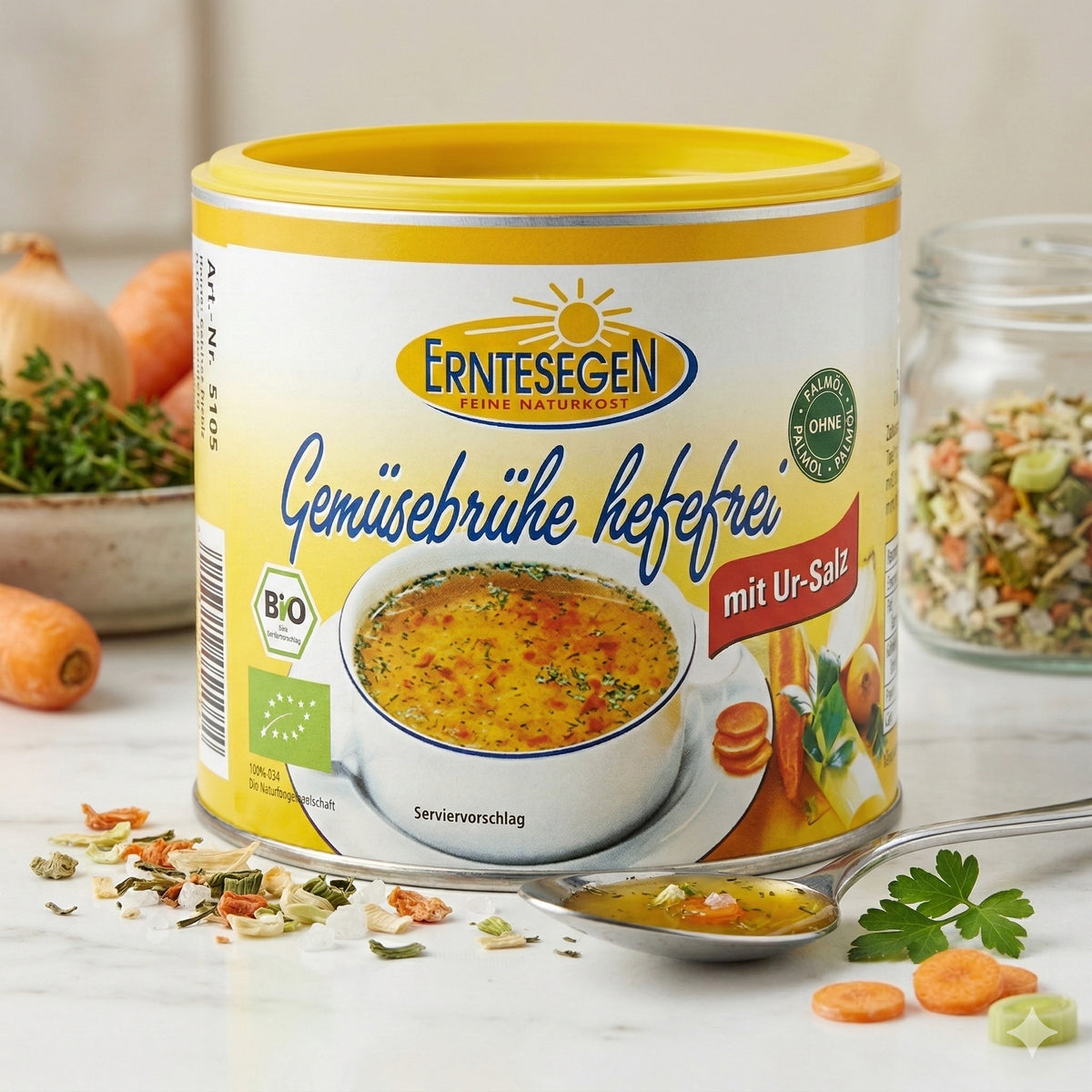 Erntesegen Bio Gemüsebrühe Hefefrei Würz-Sauce in zwei 220g Dosen, ideal zum Kochen und Würzen von Gerichten.