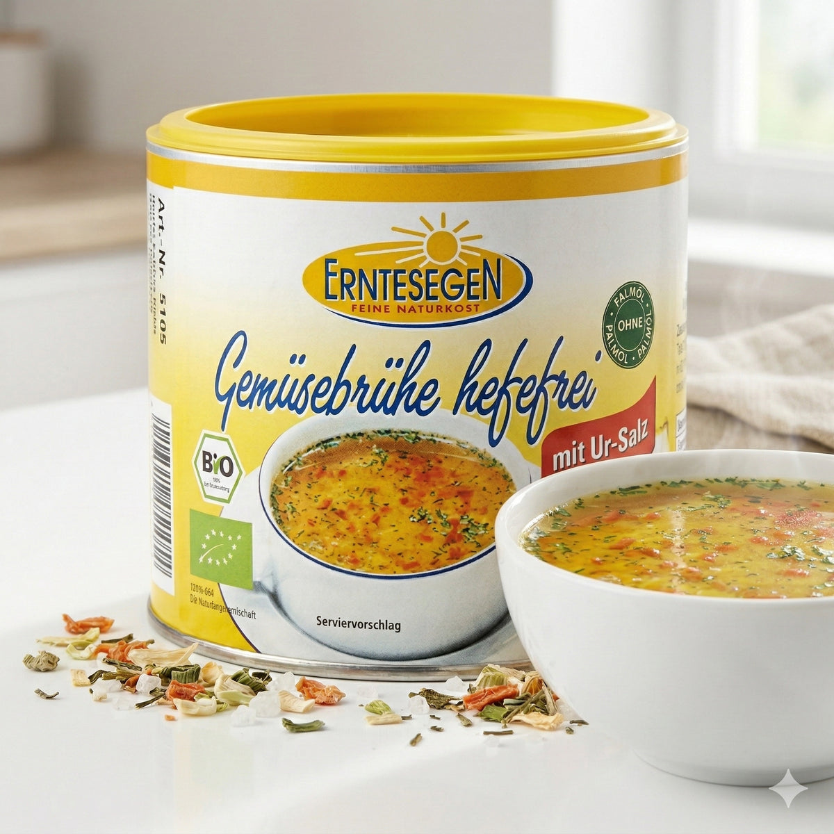 Bio Gemüsebrühe von Erntesegen, hefefrei, würzige Kochen-Würz-Sauce in 2x220g Dosen, ideal für Gemüsegerichte