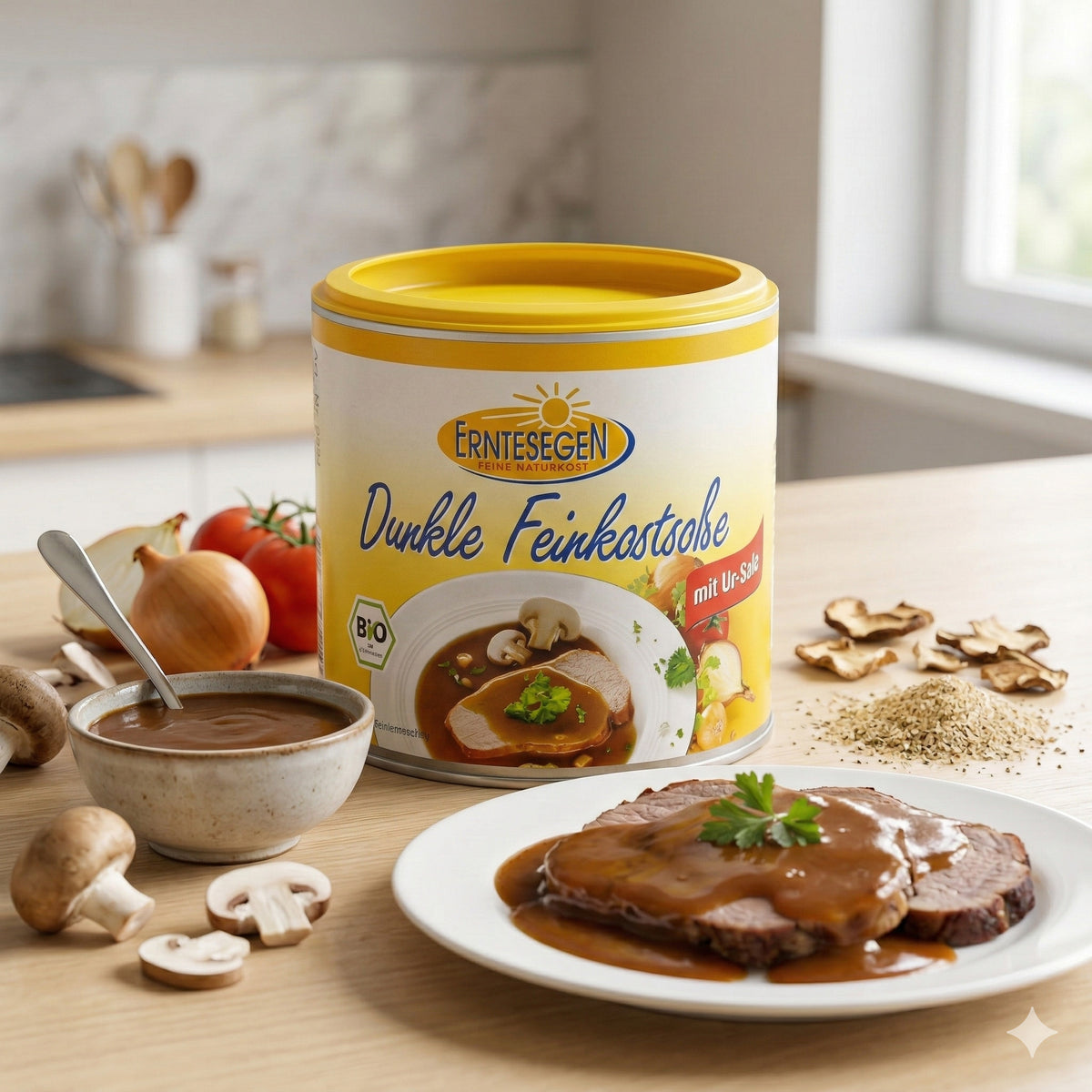 Erntesegen Bio dunkle Feinkostsoße für das Kochen, in 200g-Behälter, cremige Soße mit natürlichen Zutaten.