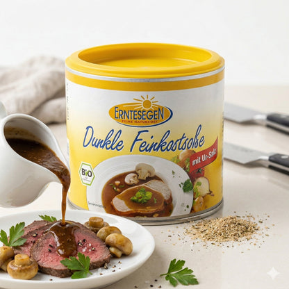 Bio dunkle Feinkostsoße von Erntesegen, ideal zum Kochen, in einer 200g Packung mit cremiger Textur und würzigem Geschmack.