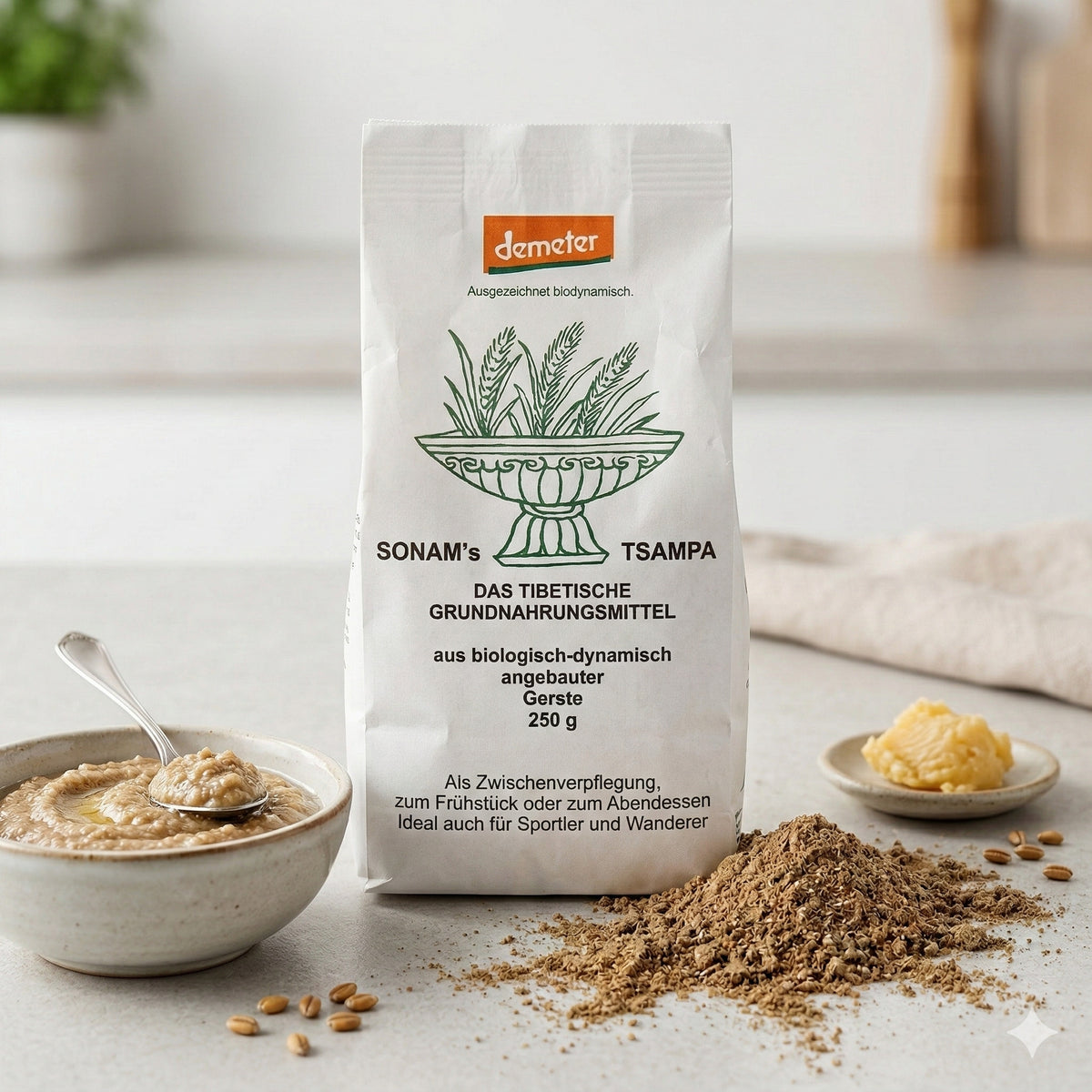 Demeter Sonam's Tsampa Gersteung von ErdmannHAUSER, 250 g, zum Kochen, zeigt geröstetes Gerstenmehl in einer Schüssel.