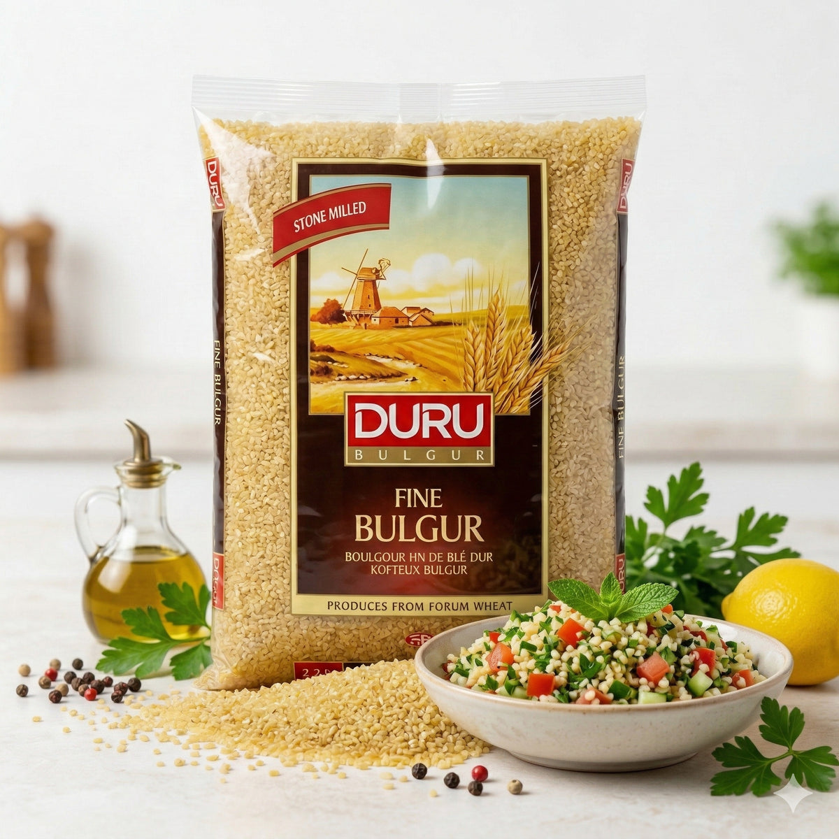 Duru Koftelik Bulgur 1kg in einem weißen Behälter, ideal zum Kochen, mit frischer, lockerer Konsistenz.