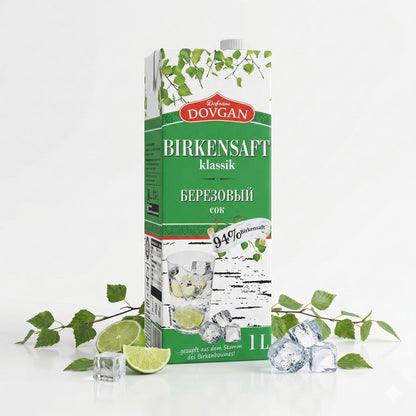 DOVGAN Birkensaft Klassik in 1-Liter-Flasche, reiner Birkensaft, naturbelassenes Getränk, Dovgan Marke, Flasche auf weißem Hintergrund