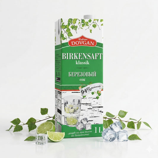DOVGAN Birkensaft Klassik in 1-Liter-Flasche, reiner Birkensaft, naturbelassenes Getränk, Dovgan Marke, Flasche auf weißem Hintergrund