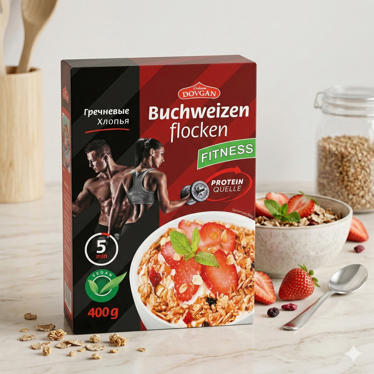 Dovgan Buchweizenflocken in einer Schüssel, ideal zum Kochen, mit sichtbaren einzelnen Flocken und einer Verpackung im Hintergrund