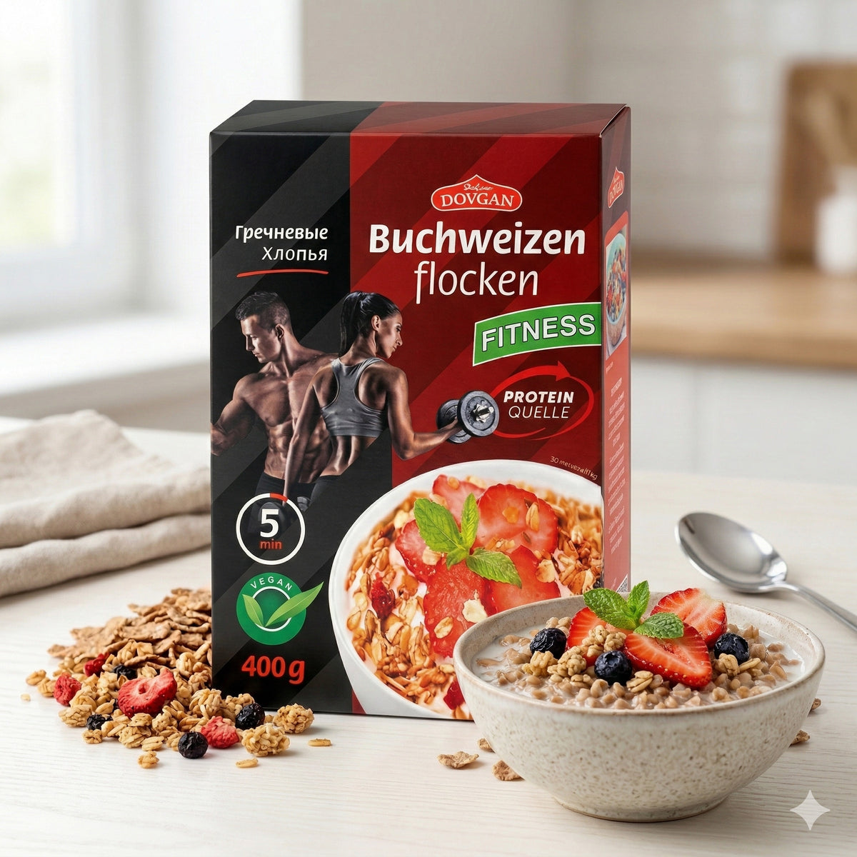 Dovgan Buchweizenflocken in einer Schüssel, ideal zum Kochen, mit sichtbaren Flocken und Verpackung im Hintergrund