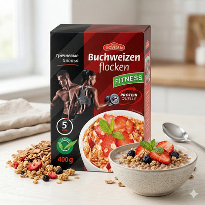 Dovgan Buchweizenflocken in einer Schüssel, ideal zum Kochen, mit sichtbaren Flocken und Verpackung im Hintergrund