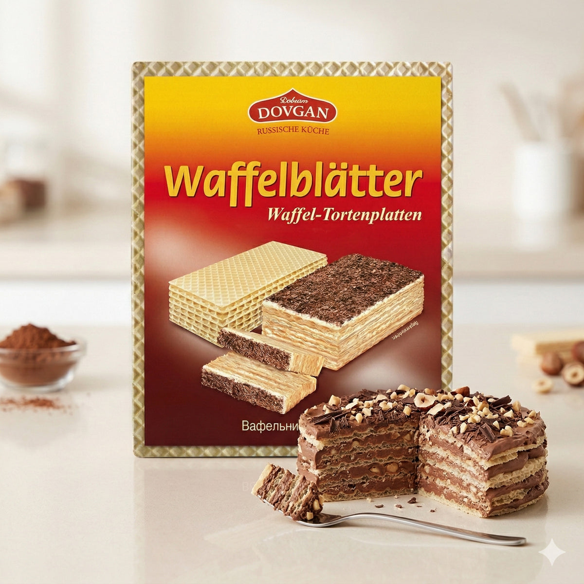 DOVGAN Waffelblätter zum Backen, Packung mit Waffelblättern in einer Backform, goldbraun gebacken
