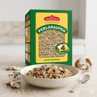 Dovgan Perlgraupen in Kochbeutel, portioniert, 4x100g, für das Kochen, in einer Packung auf einem weißen Hintergrund