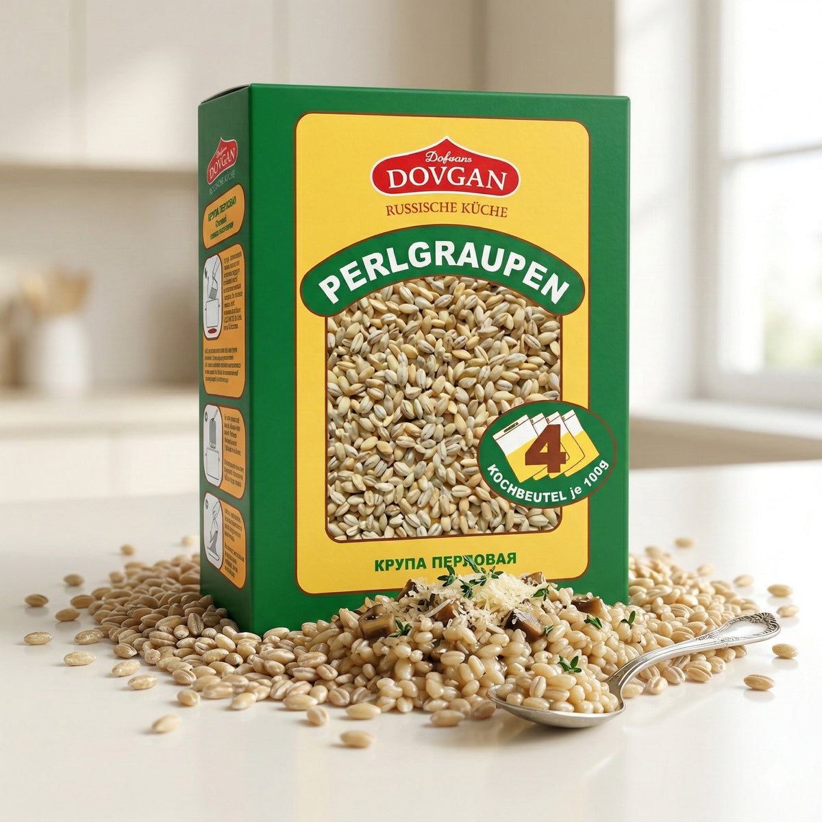 Dovgan Perlgraupen in Kochbeutel, portionierte 4x100 g, für vielseitiges Kochen, in transparentem Beutel sichtbar