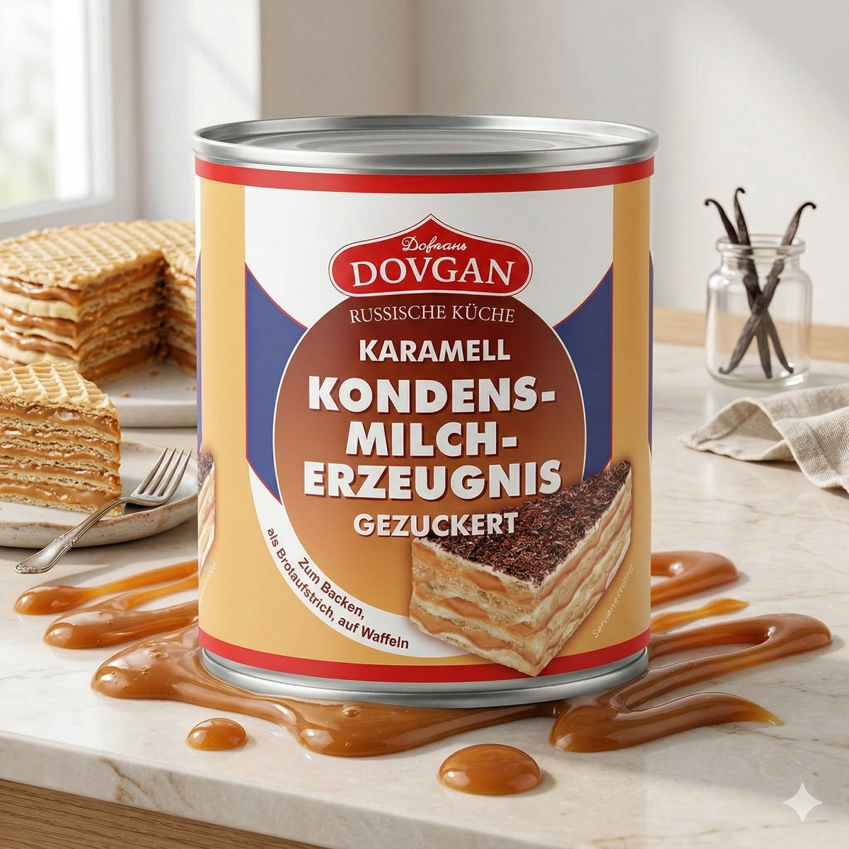 DOVGAN gezuckertes Kondensmilcherzeugnis Karamell in 6x397g Dosen, ideal zum Kochen, mit cremiger Karamell-Textur.
