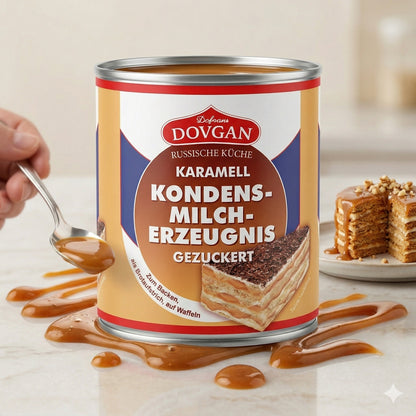DOVGAN Gezuckertes Kondensmilcherzeugnis Karamell, 6x397g, für Kochen, cremige Karamell-Note, von Dovgan