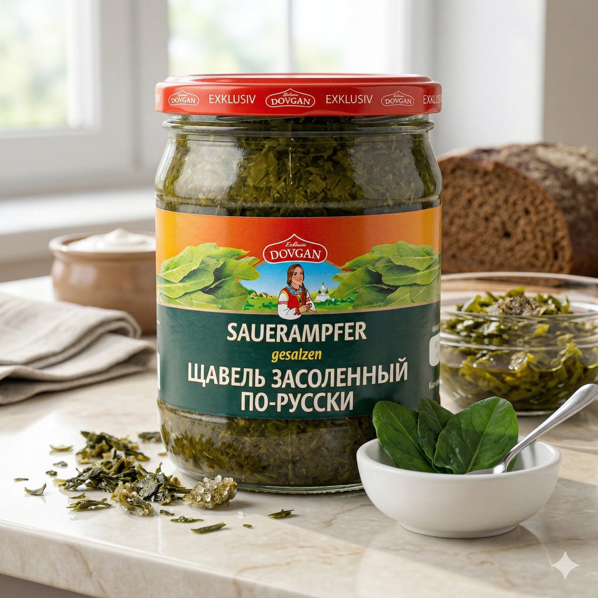 DOVGAN Sauerampfer, gesalzen im 480g Glas, ideal zum Kochen, mit frischem grünen Sauerampfer in Glasflasche