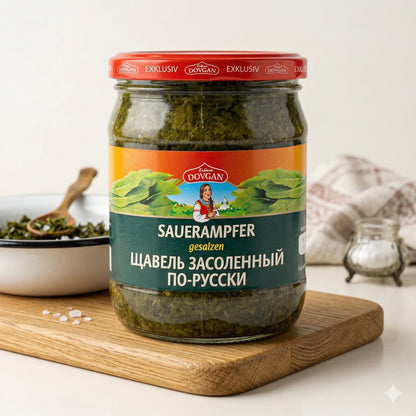 Gesalzener Sauerampfer im 480g Glas von DOVGAN, ideal zum Kochen, mit frischem grünen Laub und sichtbaren Ampferblättern.