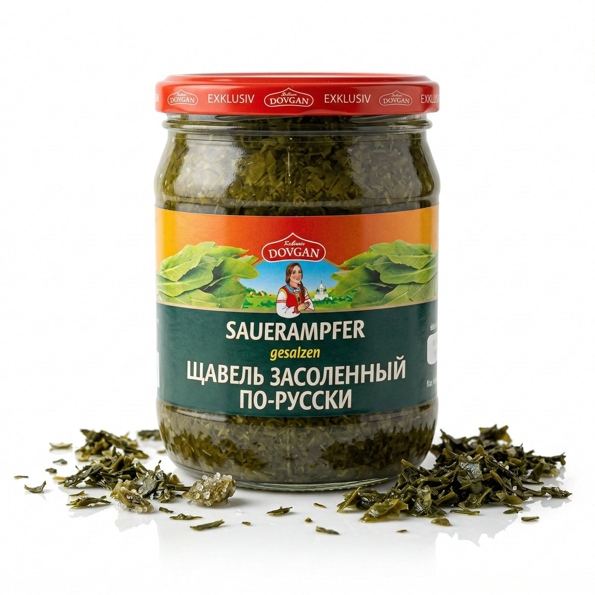 DOVGAN Sauerampfer gesalzen im 480g Glas, frischer Kochen-Zutaten, grüne Blätter und Salz, für kulinarische Gerichte
