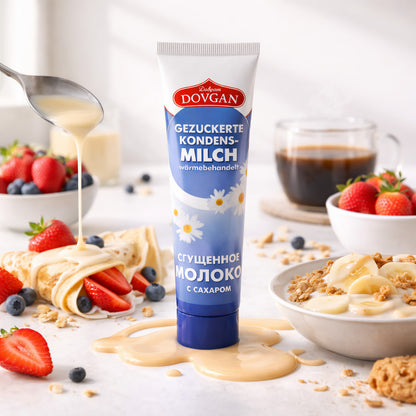 DOVGAN gezuckerte Kondensmilch in Tube, ideal zum Backen, in 3x150g Packung, cremige Süßmilch für Kuchen und Desserts