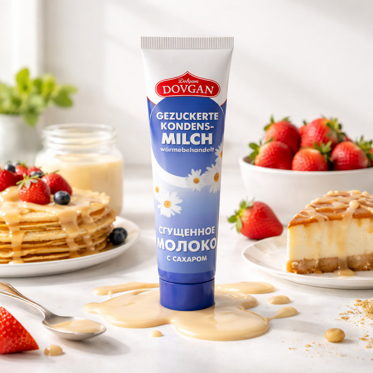 DOVGAN gezuckerte Kondensmilch in Tube, 3x150g, ideal zum Backen, in einer offenen Tube auf weißem Hintergrund