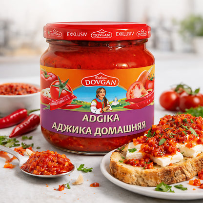 Scharfe Tomaten-Paprika-Sauce "Adgika" von Dovgan in 380 ml Flaschen, perfekt zum Kochen.
