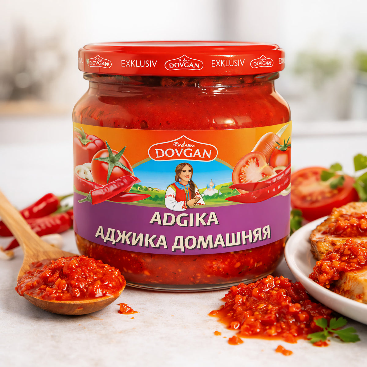 Dovgan "Adgika" scharfe Tomaten-Paprika-Sauce, 12 Flaschen à 380 ml, für schmackhafte Gerichte in der Küche