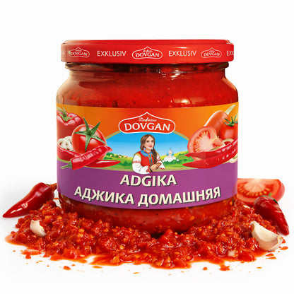 DOVGAN "Adgika" scharfe Tomaten-Paprika-Sauce in 12 Flaschen à 380 ml, ideal für die Küche, schmackhafte russische Gewürzsauce