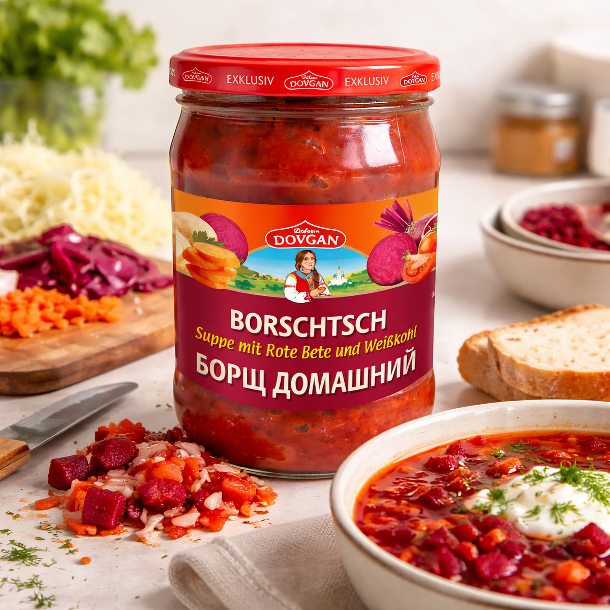 Dovgan Borschtsch Suppe mit Roter Bete und Weißkohl in 5 Packungen, typische russische Gemüse-Suppe, gekocht und servierbereit
