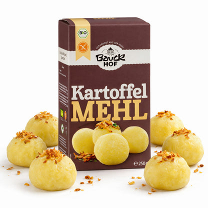 Bauckhof kartoffelmehl 250g Packung, umgeben von mehreren Kartoffelklößen mit Röstzwiebeln, Produkt steht leicht schräg auf weißem Hintergrund.