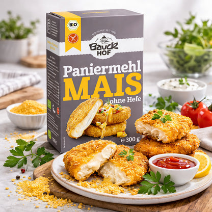 Bauckhof Bio Mais Paniermehl ohne Hefe, glutenfrei, in Packung ab 200g, ideal zum Kochen und Backen.