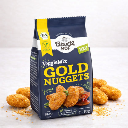 Bauckhof Bio VeggieMix Goldnuggets Kochzutat, vegetarisches Produkt in 180g Packung mit buntem Gemüsemix