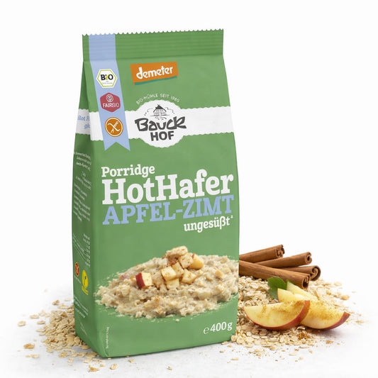 Bio Hot Hafer mit Apfel und Zimt von Bauckhof, glutenfrei und Demeter, in einer Packung ab 400g für Frühstück.