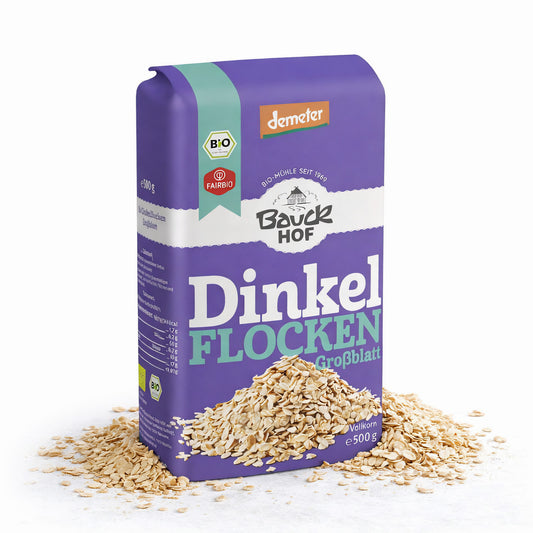 Bio Dinkelflocken von Bauckhof, große Demeter-Dinkelflocken in 500g Packung, ideal zum Kochen und für gesunde Ernährung