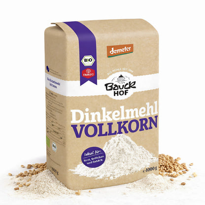 Bio Dinkelmehl Vollkorn von Bauckhof in 1kg Packung, ideal zum Kochen, aus Demeter-Bauernhof, naturbelassen und vielseitig verwendbar