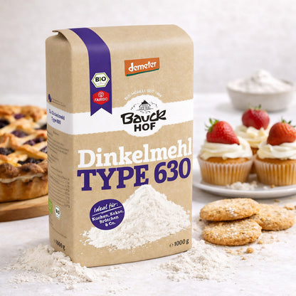 Hellgelbes Bio Dinkelmehl Type 630 von Bauckhof, Demeter, in 1kg Packung, ideal zum Kochen und Backen.