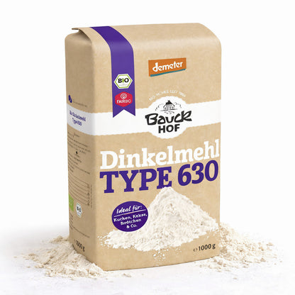 Bio Dinkelmehl Type 630 hell von Bauckhof, Demeter-Qualität, feines Mehl für Backen und Kochen, 1 kg Packung