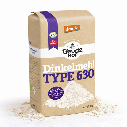 Bio Dinkelmehl Type 630 hell von Bauckhof, Demeter-Qualität, feines Mehl für Backen und Kochen, 1 kg Packung