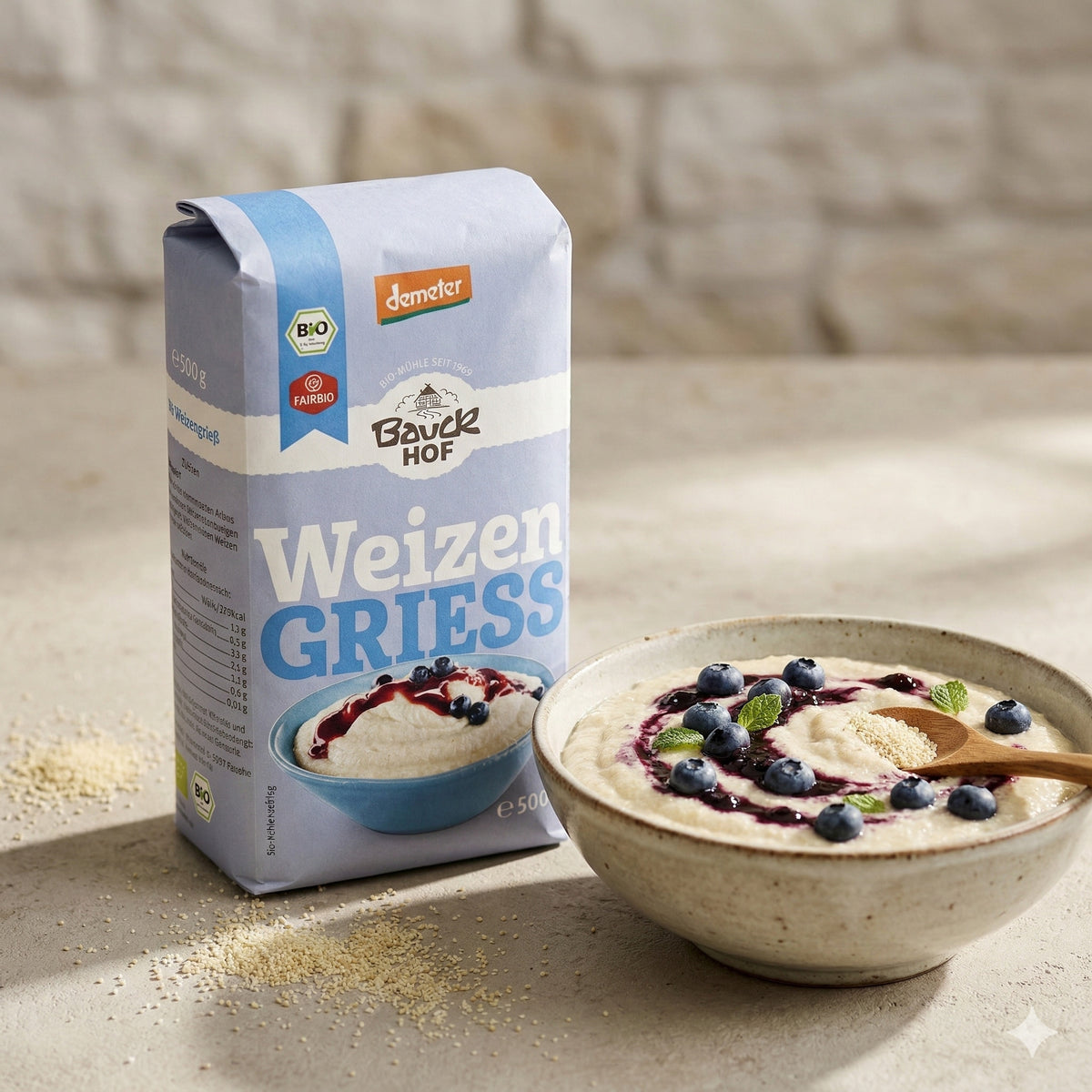 Bio Weizengrieß von Bauckhof, Demeter-Qualität, in einer Packung mit 500g, ideal zum Kochen und Backen.