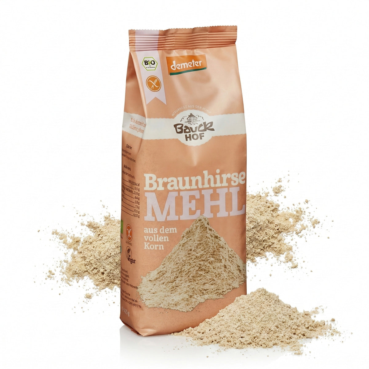 Vollkorn-Braunhirsemehl von Bauckhof, glutenfrei, zum Backen, in einer 425g Verpackung, mit Mehl und Getreide.
