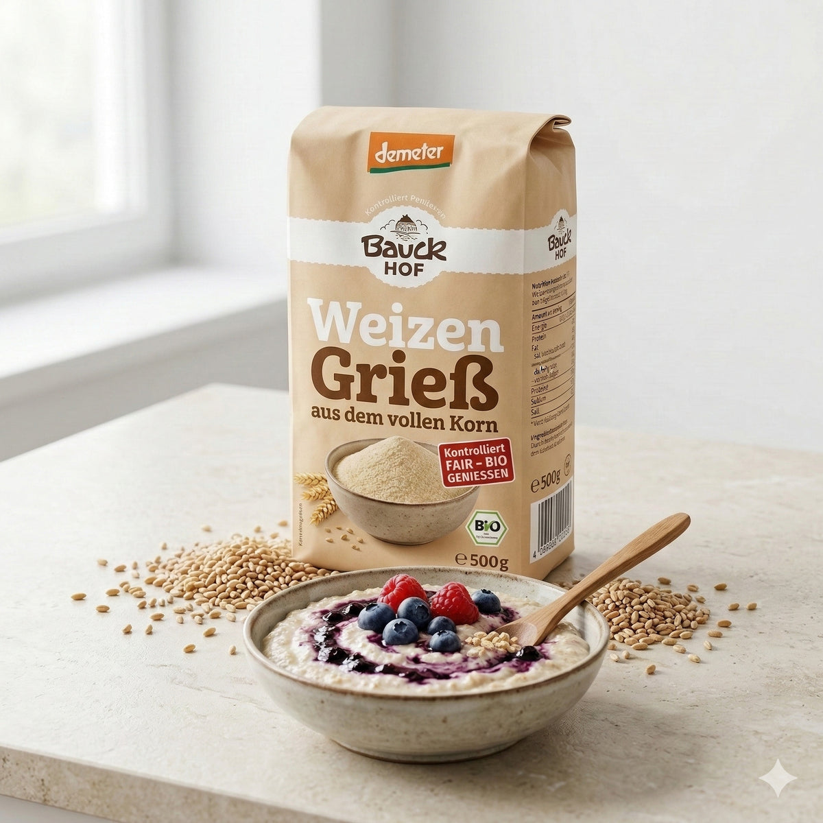 Bio Braunhirsemehl von Bauckhof, glutenfrei Vollkornmehl für Backwaren, in 425g Verpackung auf Backen fokussiert