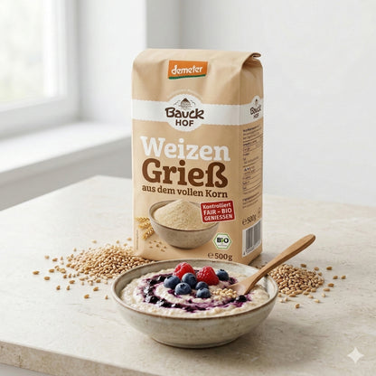 Bio Braunhirsemehl von Bauckhof, glutenfrei Vollkornmehl für Backwaren, in 425g Verpackung auf Backen fokussiert